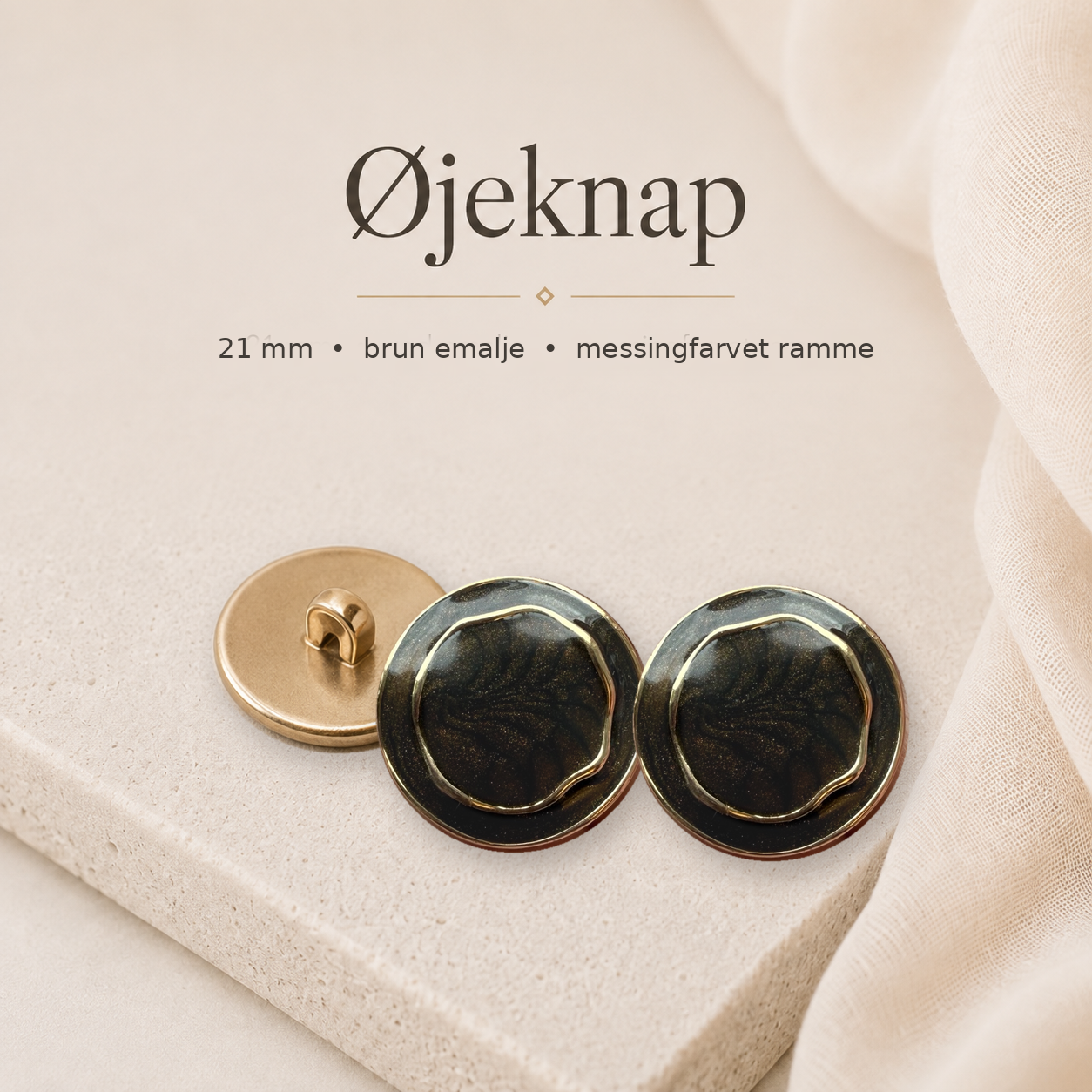 21 mm. øjeknap m. brun emalje - messingfarvet
