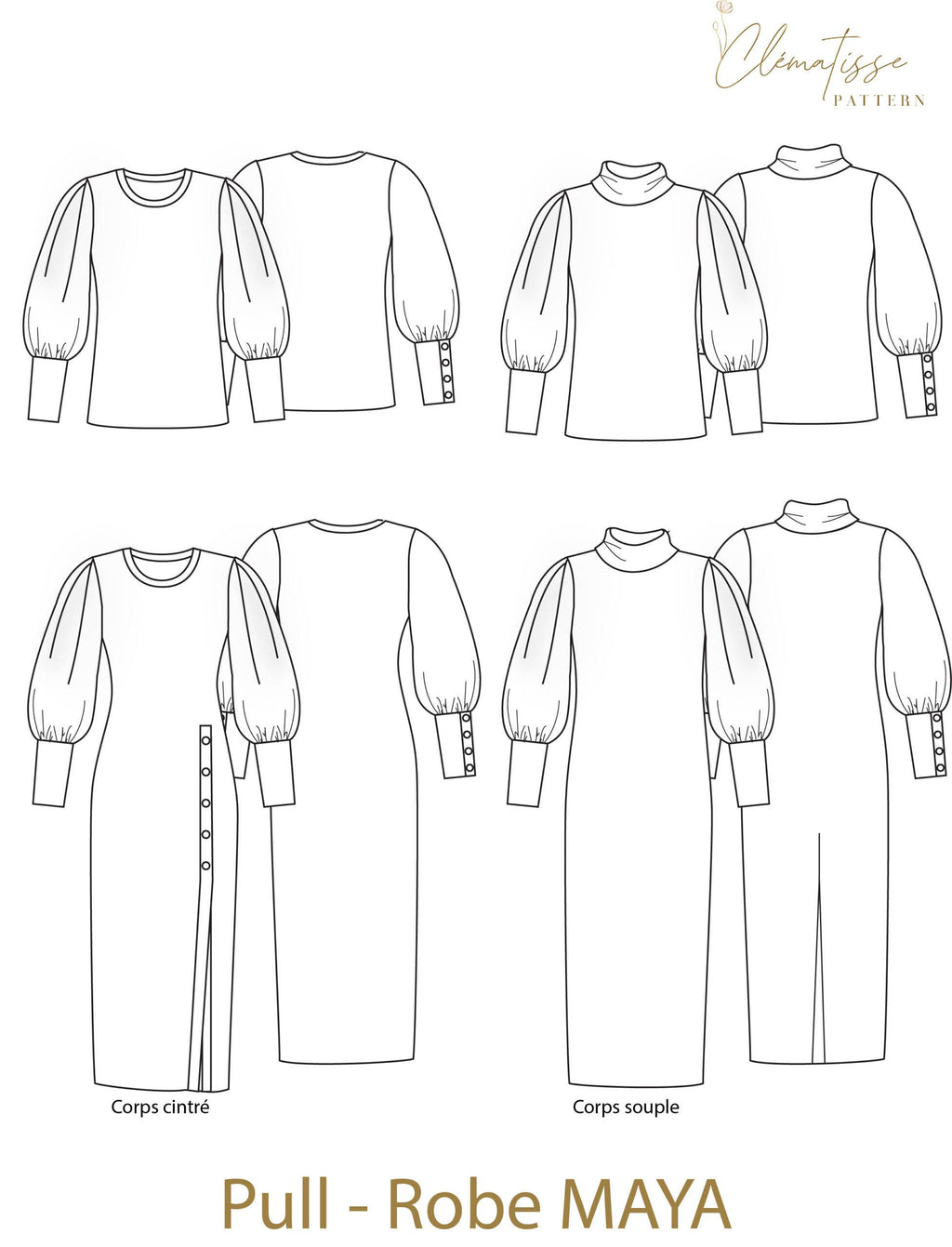 'Maya' kjole og bluse symønster (str. 34-52)