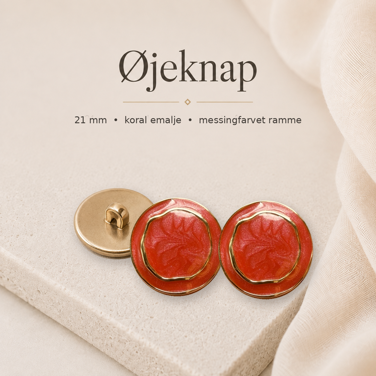21 mm. øjeknap m. koral emalje - messingfarvet