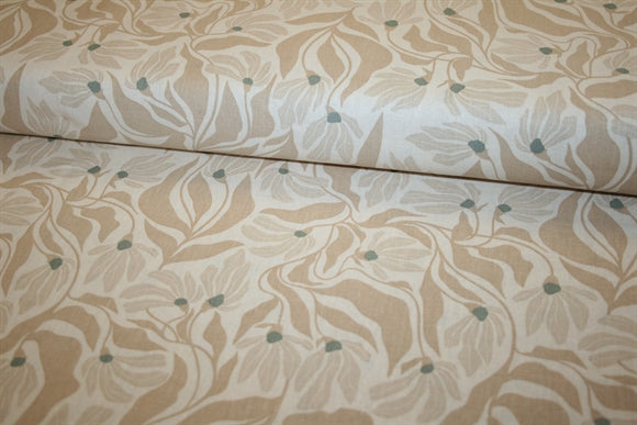 Hør -og bomuldsblanding med botanisk print i beige og sand