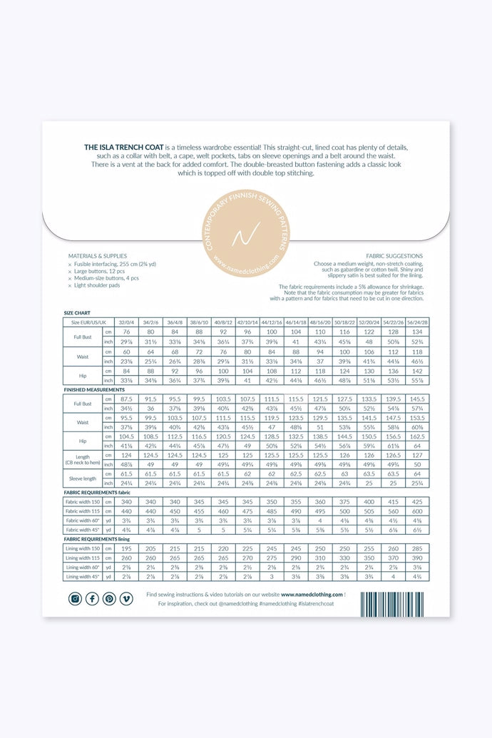 Isla Trench Coat  – symønster til frakke (str. 32–56) | Named