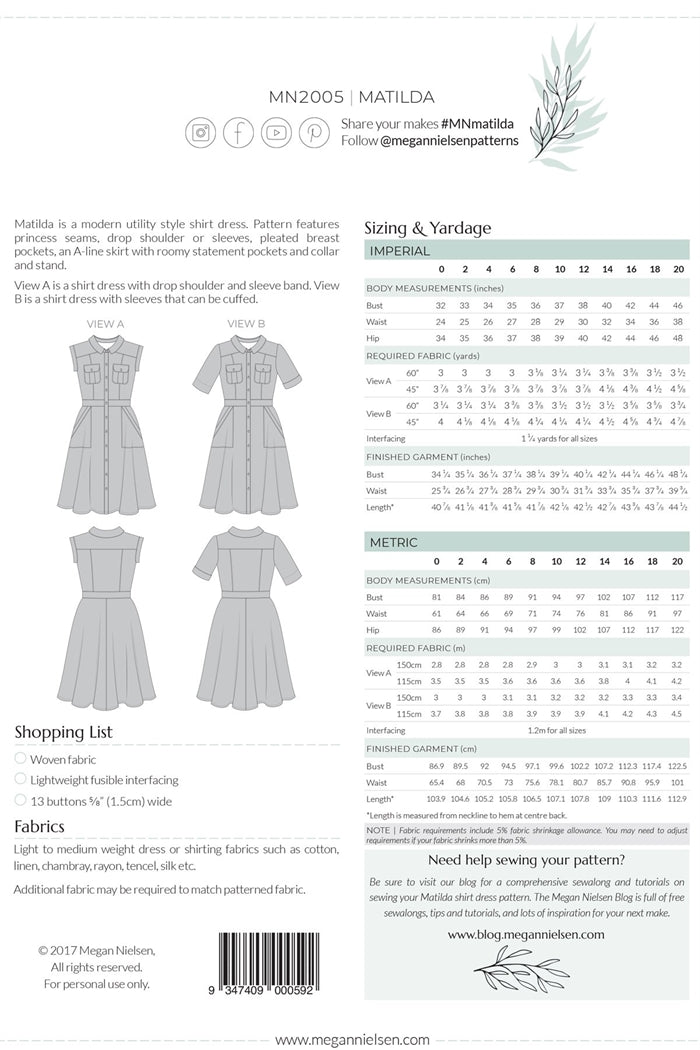 'Matilda' skjortekjole symønster