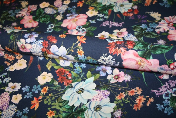 'Navy Flowers' Viscose