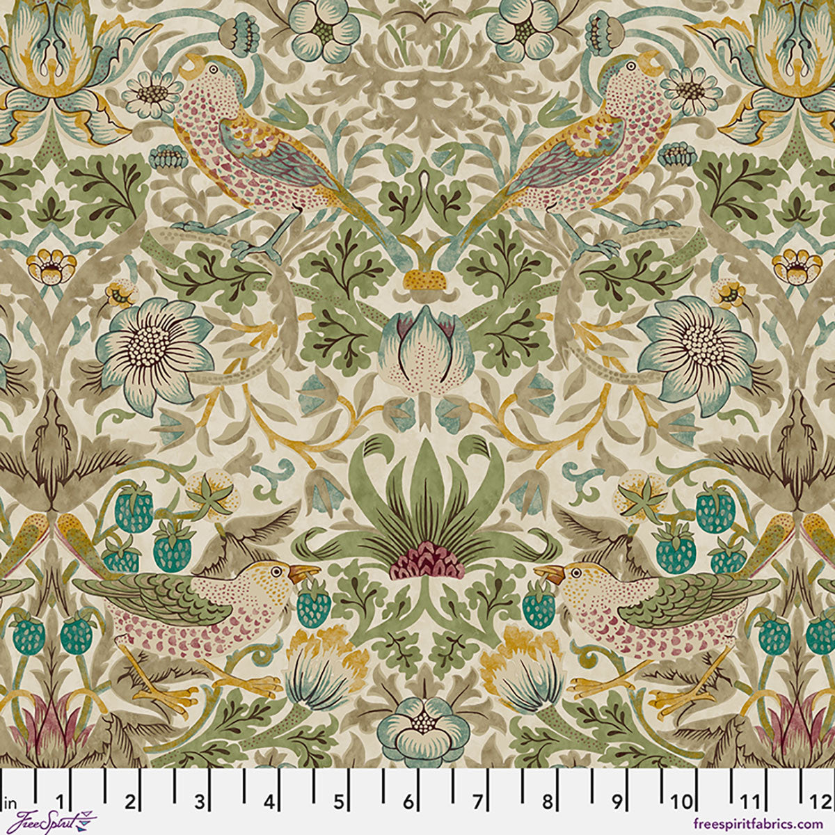 William Morris bomuldsstof med fugle, jordbær og blomster
