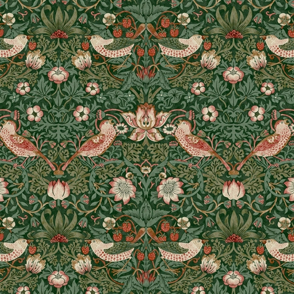 William Morris 'Medium Strawberry Thief Green' Bomuld