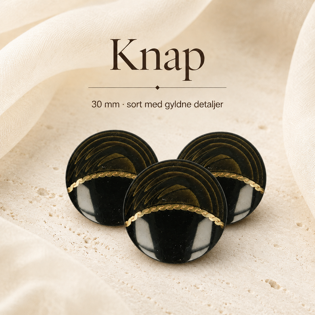 30 mm sort knap med gyldne detaljer