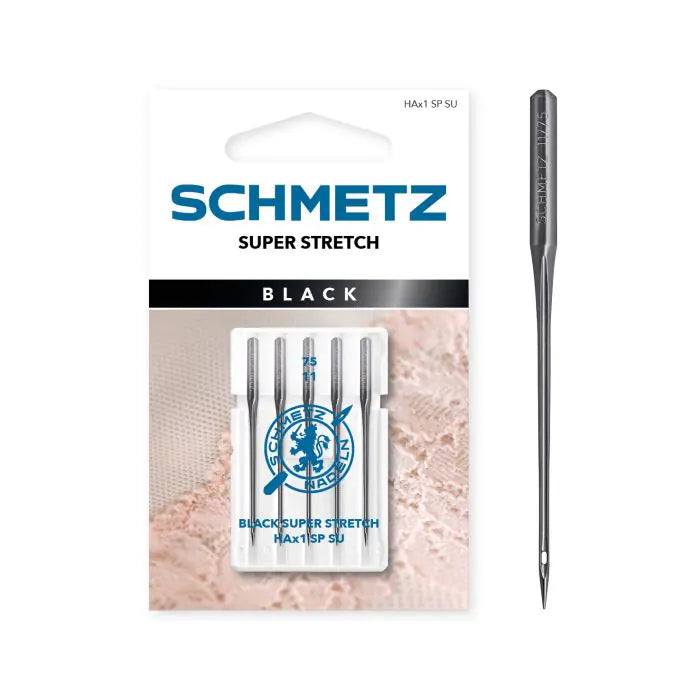 Black super stretch symaskinenåle 75 fra Schmetz til meget elastiske stoffer.