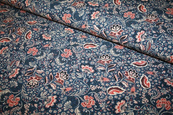'Blue Flowers' Viscose Poplin