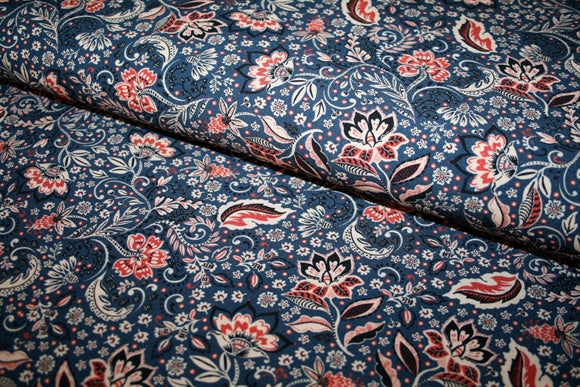 'Blue Flowers' Viscose Poplin
