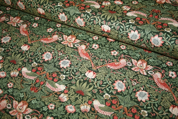 William Morris 'Medium Strawberry Thief Green' Bomuld