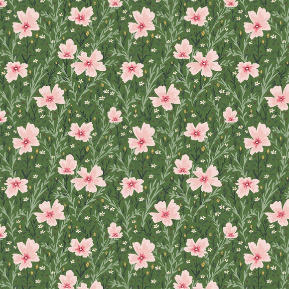 Bomulds stof med lyserøde blomster på en grøn mark